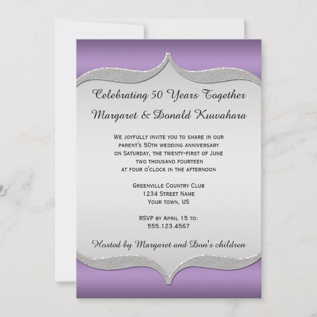 Purple Ornate Silver Frame 25th Anniversary Invitation (Front)
