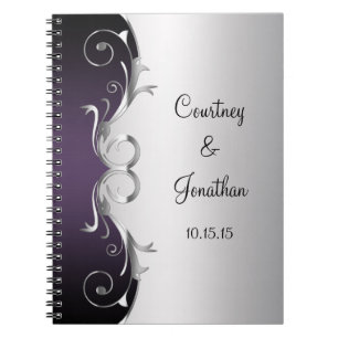 Purple Ornate Silver Swirls Wedding Guest Book