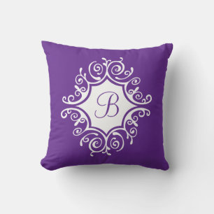 Purple Ornate White Swirls Frame with Monogram Cushion