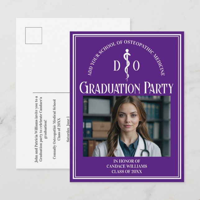 Purple Osteopathic Medical School Graduation Party Invitation Postcard (Front/Back)