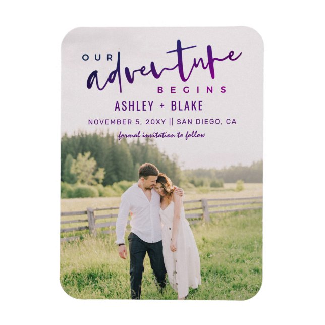 Purple Our Adventure Begins Photo Save the Date Magnet (Vertical)