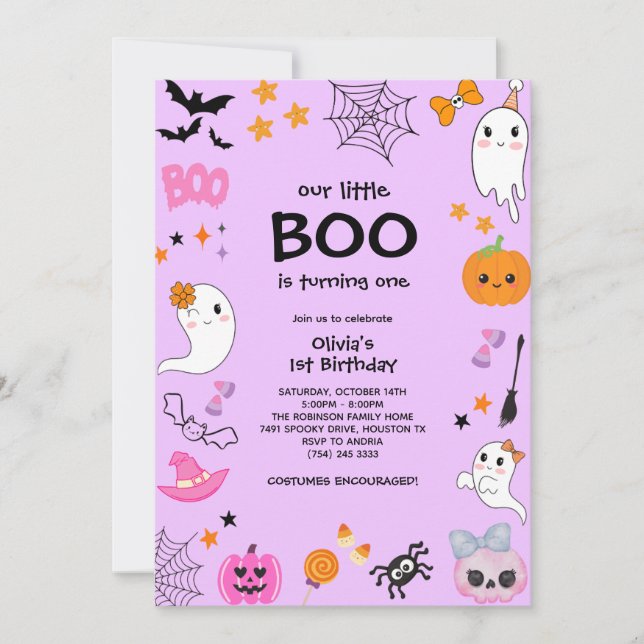 Purple Our Little Boo Halloween 1st Birthday  Invitation (Front)