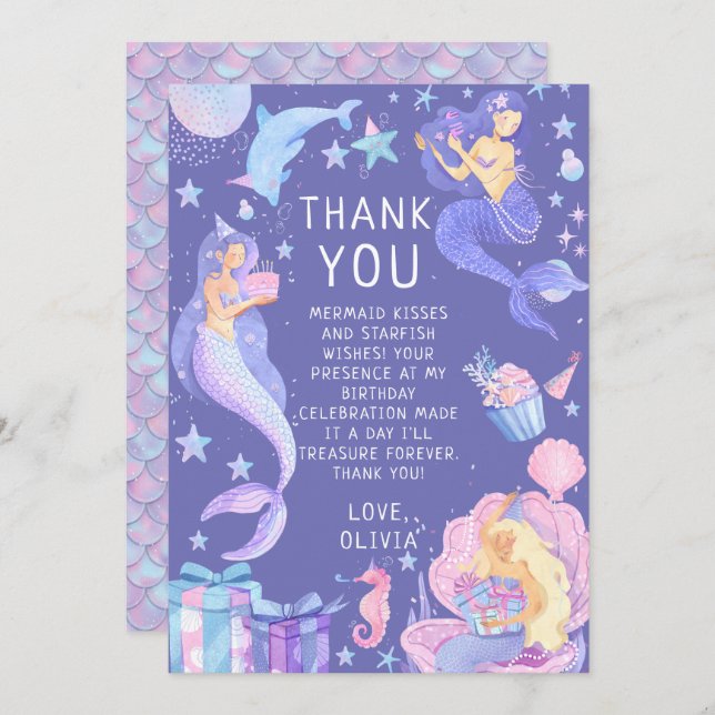 Purple Our Little Mermaid All Ages Birthday Thank You Card (Front/Back)