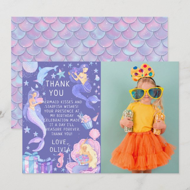 Purple Our Little Mermaid All Ages Birthday Thank You Card (Front/Back)