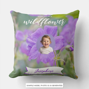 Purple Our Little Wildflower Custom Kid Photo Name Cushion