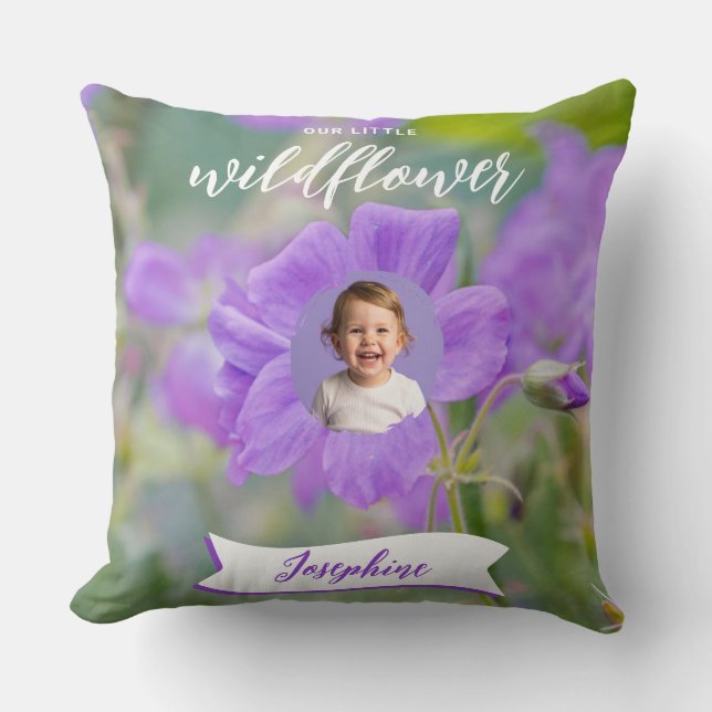 Purple Our Little Wildflower Custom Kid Photo Name Cushion (Front)