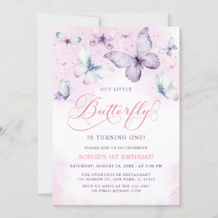Purple Out Little Butterfly Baby Girl 1st Birthday Invitation