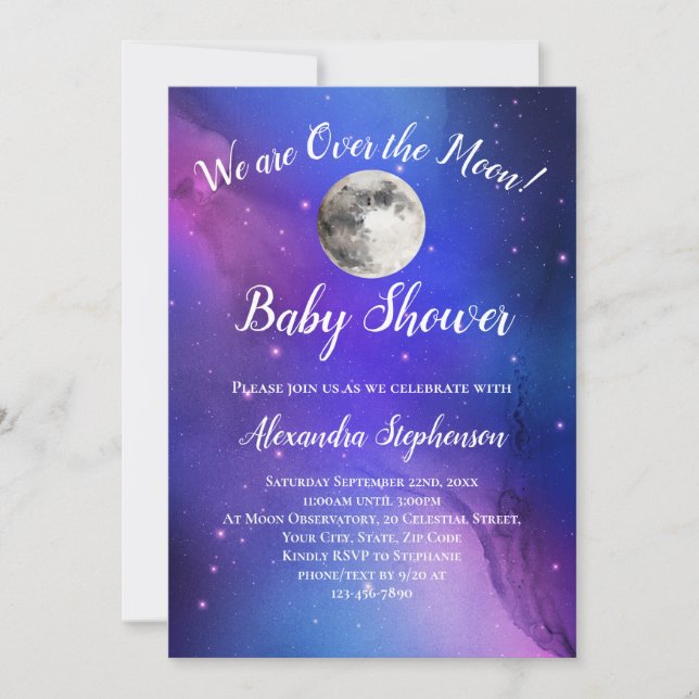 Purple Outer Space Stars Over the Moon Baby Shower Invitation (Front)
