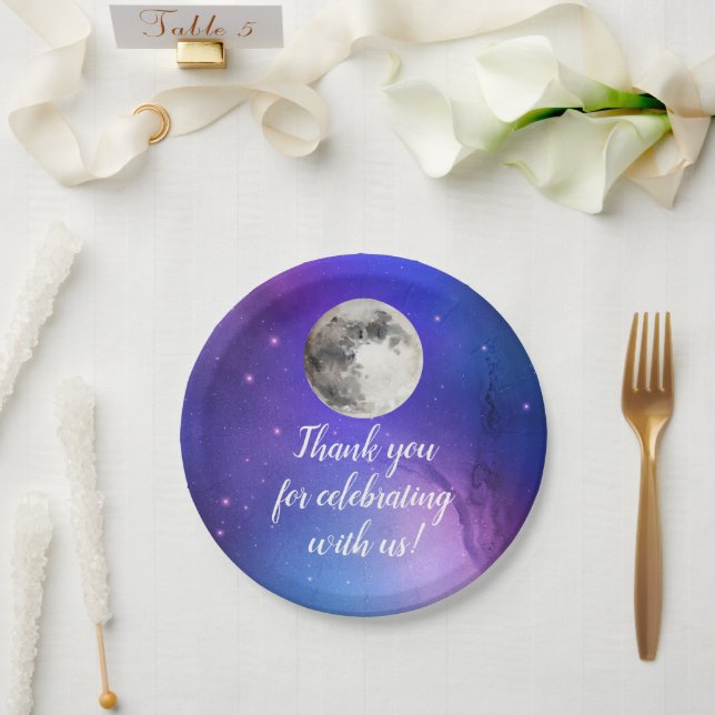 Purple Outer Space Stars Over the Moon Celestial Paper Plate (Wedding)