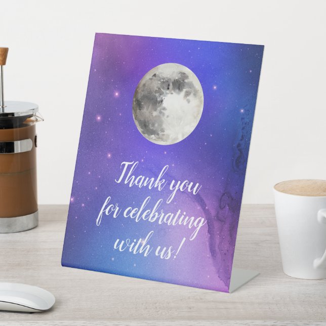 Purple Outer Space Stars Over the Moon Celestial Pedestal Sign (In SItu)