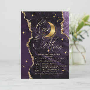 Purple Over the Moon Gold Stars Baby Shower Invitation