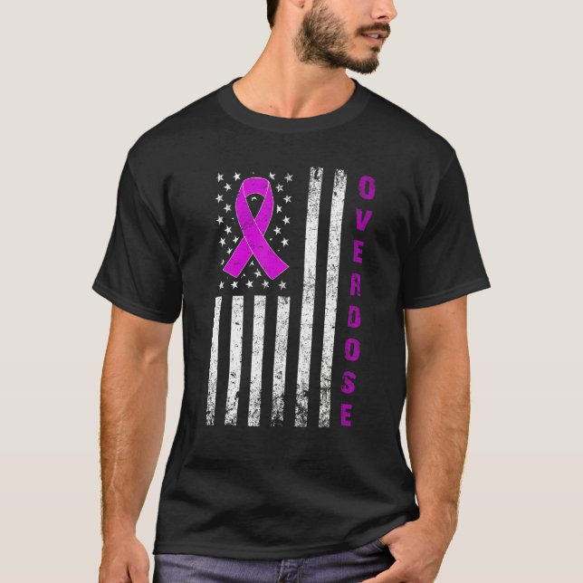 Purple Overdose Awareness Flag Ribbon Addiction Re T-Shirt (Front)