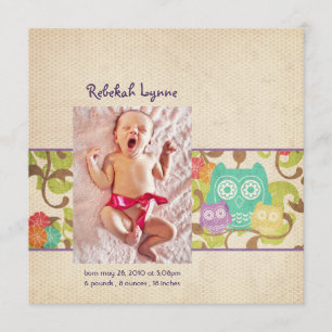 Purple Owl Baby Birth Announcements