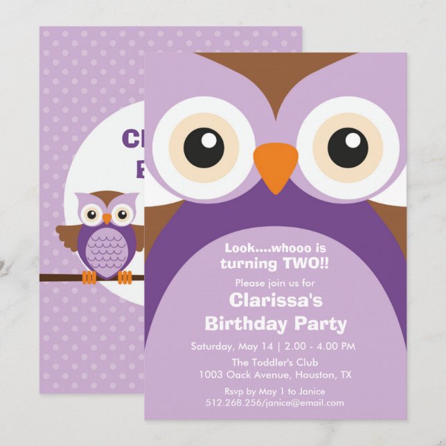 Purple Owl Birthday Party Invitation (Front/Back)