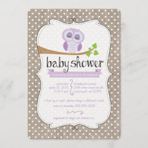 Purple Owl Burlap Dots Baby Shower Invitation