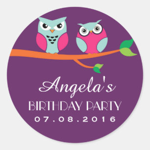 Purple Owl Cartoon Birthday Sticker for Kids Party