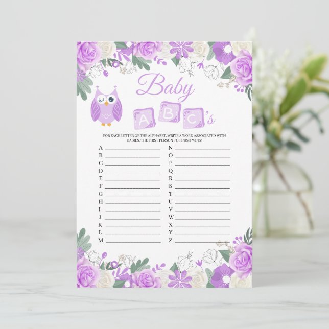 Purple Owl Floral Baby Shower Baby ABC's Game Card (Standing Front)