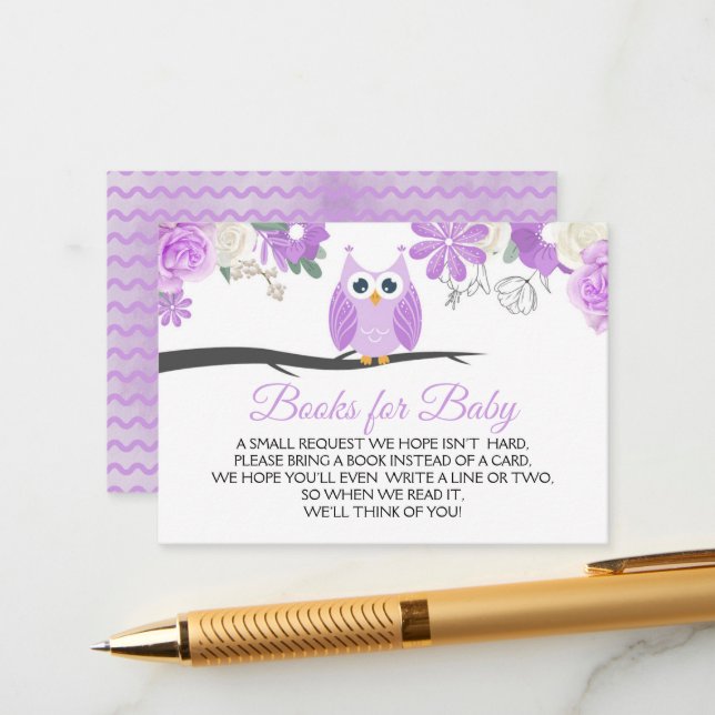 Purple Owl Floral Baby Shower Books for Baby Enclosure Card (Front/Back In Situ)