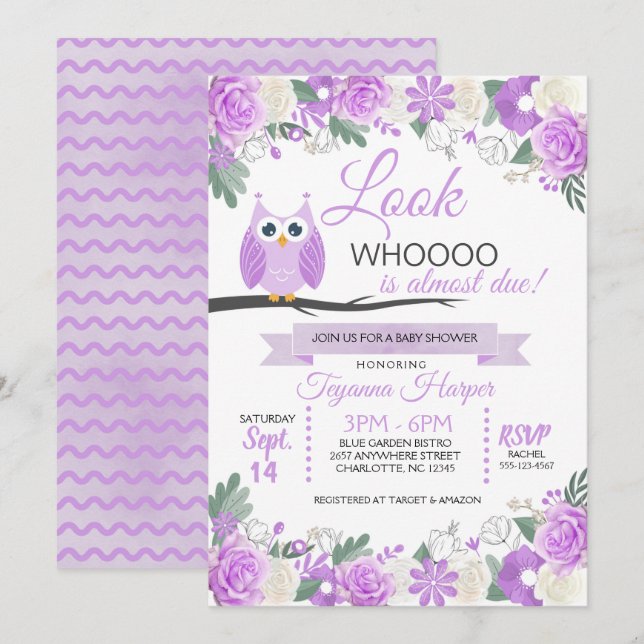 Purple Owl Floral Baby Shower Invitation (Front/Back)