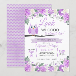 Purple Owl Floral Baby Shower Invitation