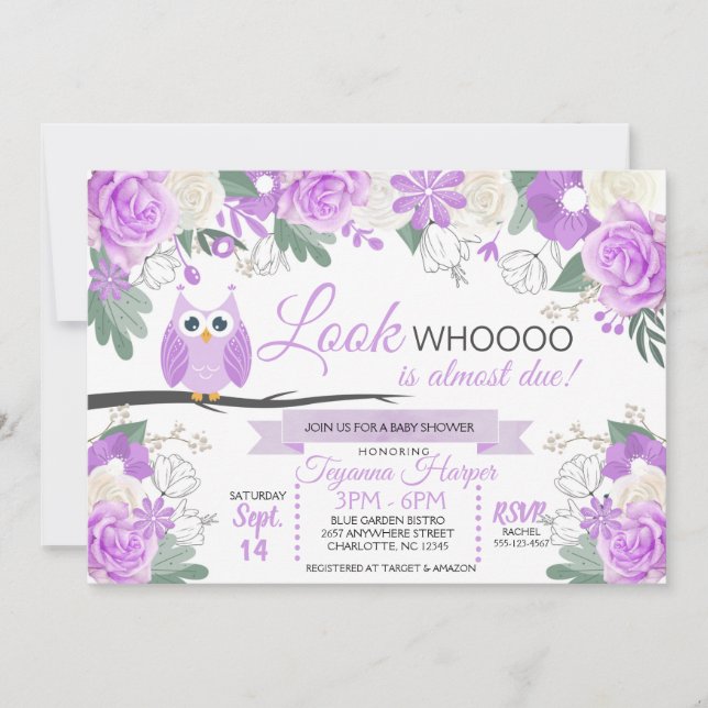 Purple Owl Floral Baby Shower Invitation (Front)