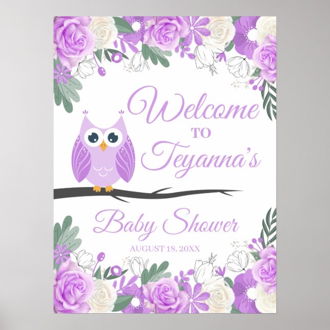 Purple Owl Floral Baby Shower Welcome Sign (Front)