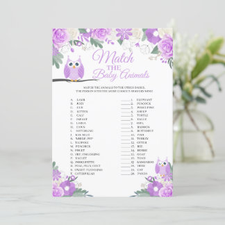 Purple Owl Floral Match The Baby Animals Game Card