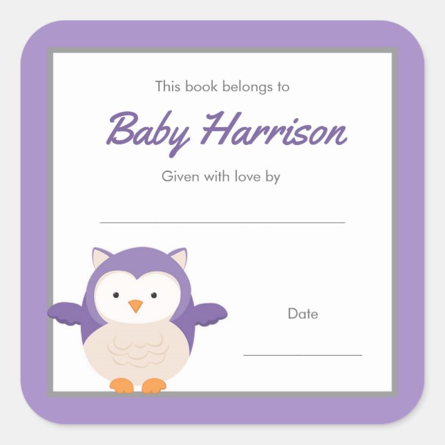 Purple Owl girl Bookplate sticker (Front)