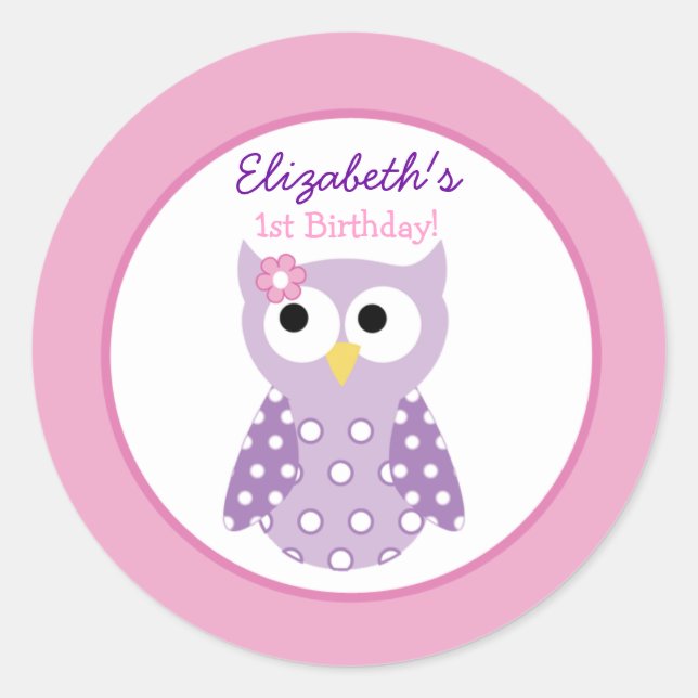 Purple Owl Girl Round Custom Favour Sticker (Front)