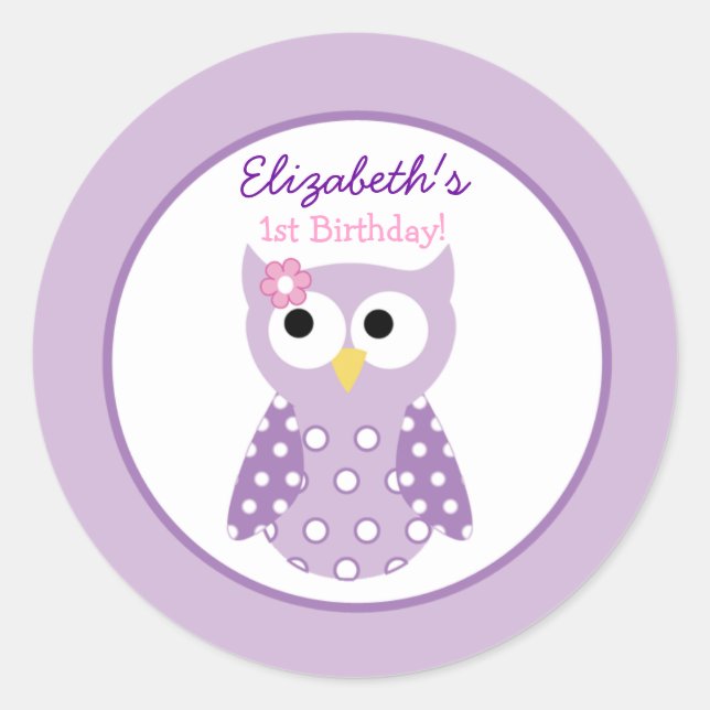 Purple Owl Girl Round Custom Favour Sticker (Front)