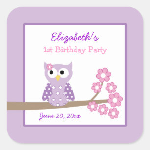 Purple Owl Girl Square Favour Stickers (6 Large)