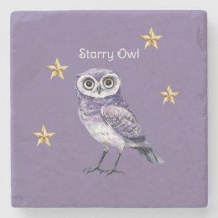 Purple Owl Gold Stars Stone Coaster