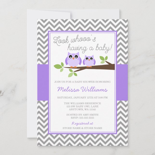 Purple Owl Grey Chevron Girl Baby Shower Invitation (Front)