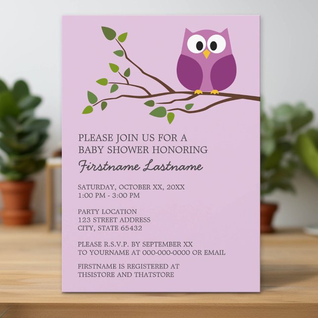 Purple Owl on Branch Baby Girl Shower Invitation (Custom Invitation with Download Option)