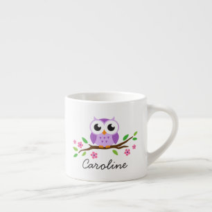 Purple owl on branch cute personalized name espresso cup