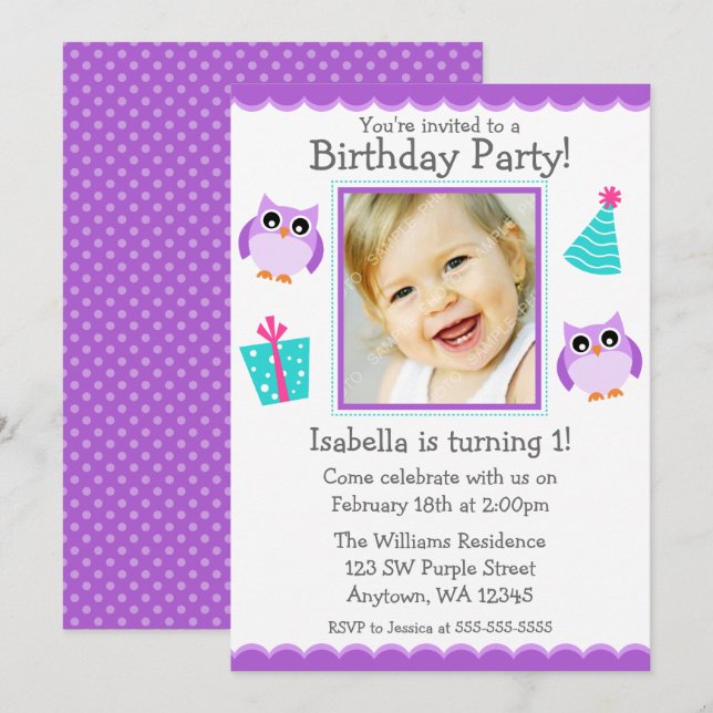 Purple Owl Party 1st Birthday Girl Photo Invitation (Front/Back)