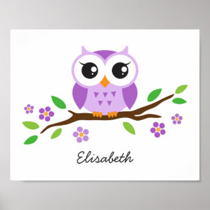 Purple owl personalised nursery wall art for girls
