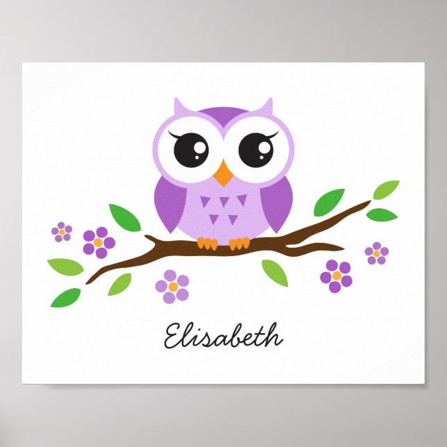 Purple owl personalised nursery wall art for girls (Front)
