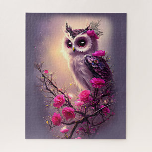 Purple Owl & Pink Flowers Jigsaw Puzzle