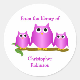 Purple Owls Design Bookplate Classic Round Sticker