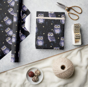 Purple Owls Magic Stars Birthday Wrapping Paper