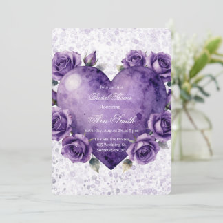 Purple Paint Heart and Roses Bridal Shower Invitation