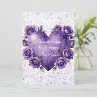Purple Paint Heart and Roses Wedding Save The Date