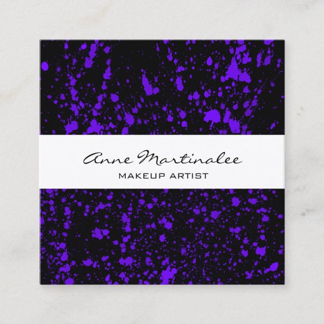 Purple Paint Splatter on Black  Square Business Card (Front)