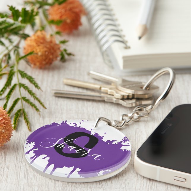 Purple Paint Splatter Personalized Initial & Name  Key Ring (Front Right)