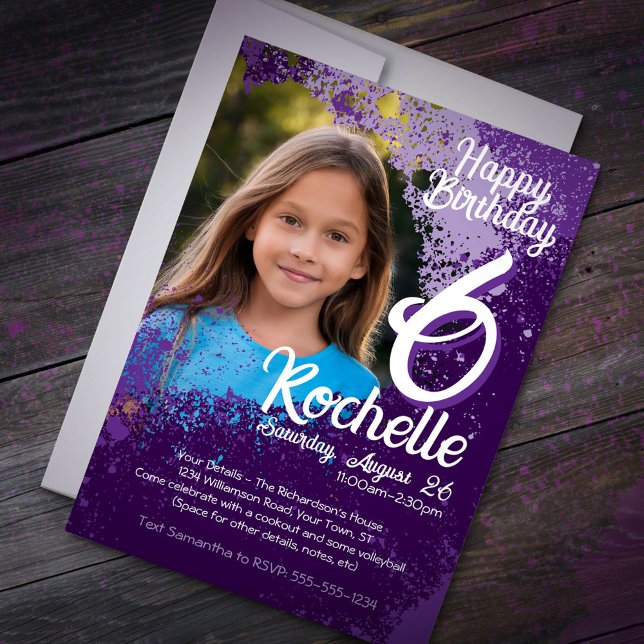 Purple Paint Splatter Photo 6th Birthday Invite (Creator Uploaded)