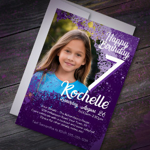 Purple Paint Splatter Photo 7th Birthday Invite
