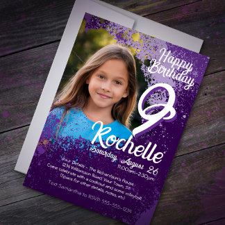 Purple Paint Splatter Photo 9th Birthday Invite