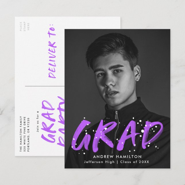 Purple Paint Splatter Photo Graduation Party Invitation Postcard (Front/Back)