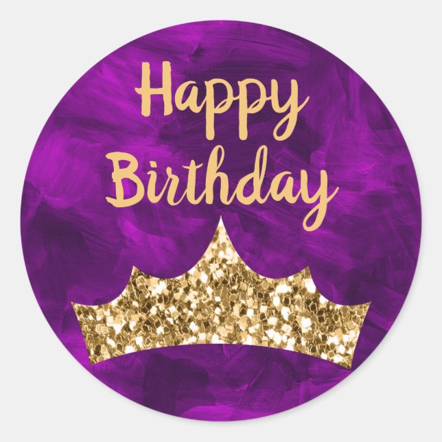 Purple paintbrush and Gold Crown Birthday Classic Round Sticker (Front)